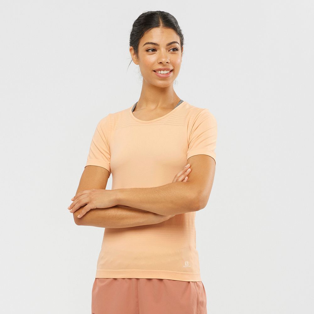 T-Shirts Salomon Femme Beige - Salomon ESSENTIAL MOVE ON SEAMLESS - France (4713-FGIEQ)